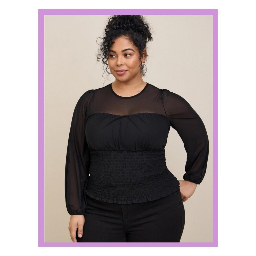 NWT Torrid 5X Black Stretch Mesh Sweetheart Smocked Long Sleeve Knit Top
